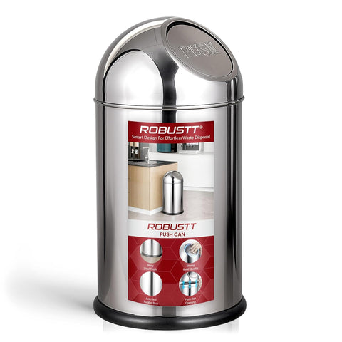 Robustt Stainless Steel Push Can Dustbin 30L | 11 (W) × 29.6 (H) In | Push Lid Trash Can for Bathroom, Kitchen, Bedroom & Office | Rustproof Steel Bin with Anti-Skid Base for Home & Commercial Use