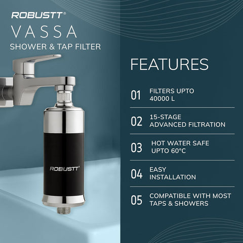 Robustt Vassa 15 Stage Tap Filter & Water Softener for Home | Reduces Hair Fall, Skin Dryness & Limescale| Hard Water Softener For Tap, Shower, Handshower| Includes Kit & Manual