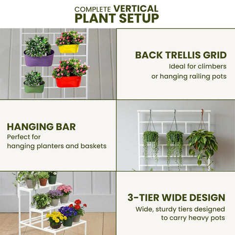 4 Tier Metal Plant Stand with Trellis & Hanging Rod | White | Heavy Duty, Rust-Resistant Plant Rack for Indoor Living Room & Outdoor Balcony