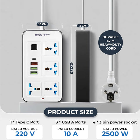 Robustt 4‑Outlet Extension Board with 3 USB & 1 Fast Charging Type-C Port | 1.7 m Cable | Wall Mountable Extension Board with On/Off Switch | 2500W Multi Plug Extension Cord for Home & Office