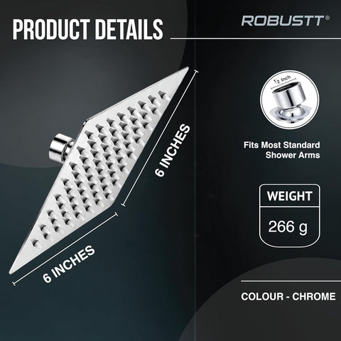 High Pressure Shower Head for Bathroom Overhead with 64 Anti Clog Silicone Nozzles | 6x6in Square Bathroom Shower Head, 360° Swivel, Easy Clean, Rust Resistant Chrome Finish
