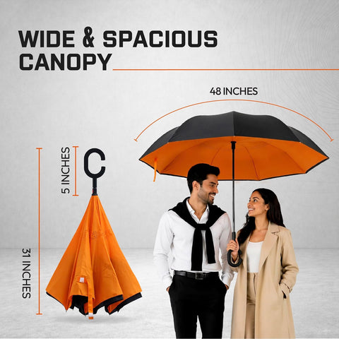 Reversible Big Size Umbrella for Rain with C Hook Handle | Manual Open/Close | Windproof Double Layer Fabric with Air Vents | 48 inch