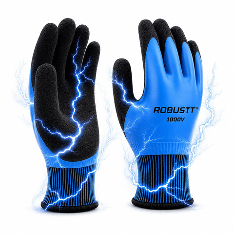 Pair of blue and black electric work gloves with a textured grip