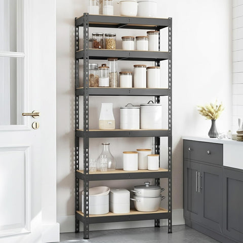 Robustt 6-Tier Multipurpose Storage Rack | Bolt-Free Assembly | Metal Stand with Thick MDF Board | 175kg Capacity Per Shelf | 72x24x12 Inch Adjustable Shelf Rack for Home, Garage & Shop
