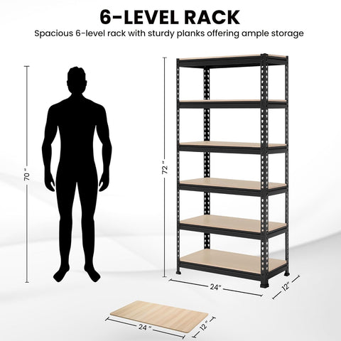 Robustt 6-Tier Multipurpose Storage Rack | Bolt-Free Assembly | Metal Stand with Thick MDF Board | 175kg Capacity Per Shelf | 72x24x12 Inch Adjustable Shelf Rack for Home, Garage & Shop