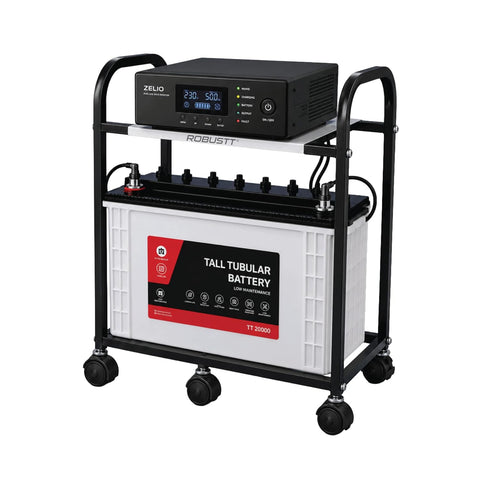 2-Tier Metal UPS Inverter Trolley for Home | Heavy-Duty Inverter Battery Stand | 100 kg Load Capacity | 5 Plastic 360° Swivel Wheels | Black