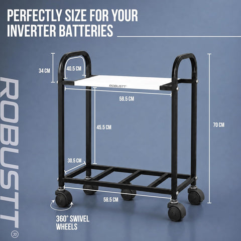 2-Tier Metal UPS Inverter Trolley for Home | Heavy-Duty Inverter Battery Stand | 100 kg Load Capacity | 5 Plastic 360° Swivel Wheels | Black
