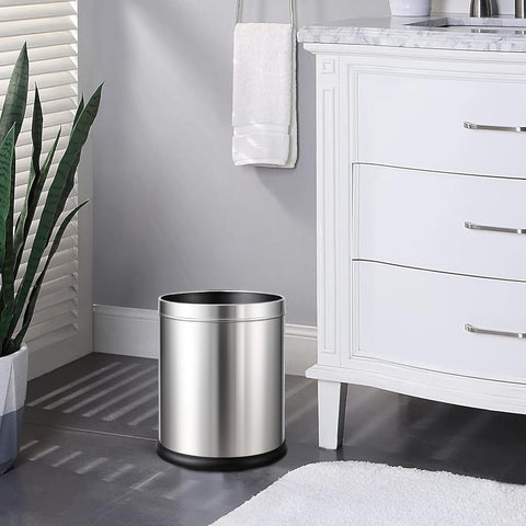 Stainless Steel Open Top Dustbin | Silver Trash Can with Anti-skid Base | For Bathroom, Bedroom, Kitchen & Toilet or Commericial Use