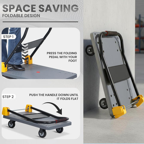 150 Kg Heavy-Duty Foldable Platform Trolley (Grey) | Plastic Hand Truck with 360° Rotating Wheels & Cushioned Grip | Material Handling Cart for Home, Office, Warehouse & Industrial Use