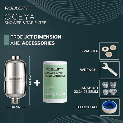 Robustt Oceya 15 Stage Hard Water Softener For Tap & Shower (Silver) | Reduces Hair Fall, Skin Dryness & Limescale | Water Purifier Filter For Tap, Shower & Handshower| Includes Kit & Manual