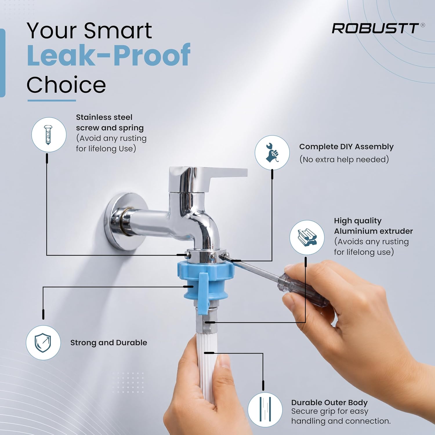 Robustt Washing Machine Inlet Pipe with Leak proof choice, Stainless stee screw and spring