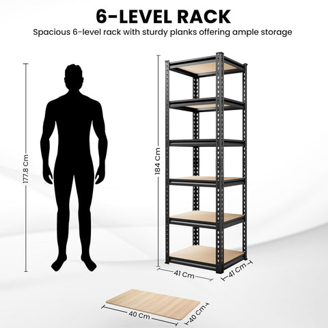 6-Tier Multipurpose Storage Rack | Bolt-Free Assembly | Metal Stand With Thick MDF Board | 175kg Capacity Per Shelf | 72x16x16 Inch Adjustable Shelf Rack for Home, Garage & Shop | Black