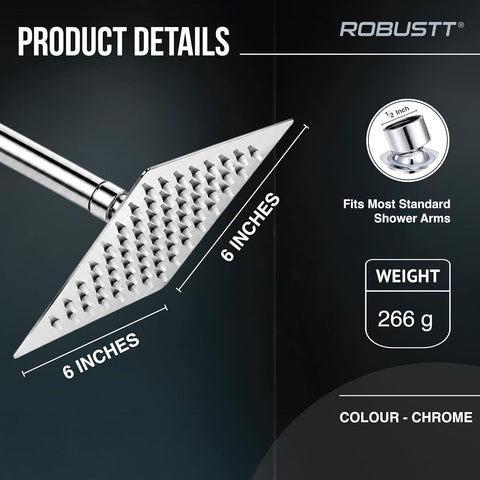 6x6" High Pressure Overhead Shower Head for Bathroom With 7.8” Shower arm | 360° Rotatable Neck | Anti-Rust Chrome Finish ABS Body | Anti-Clog Easy Clean Silicone Nozzles Bath Shower