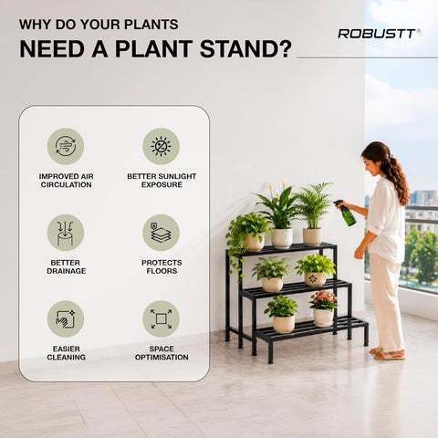 Robustt Set of 3 Metal Balcony Plant Stands for Outdoor Plants Big Size | Rustproof Matte Powder-Coated Garden Stands for Pots | Adjustable Feet | Garden Stands for Pots in Balcony & Terrace