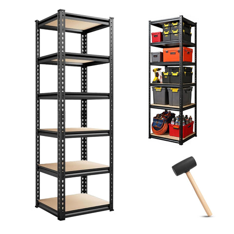 6-Tier Multipurpose Storage Rack | Bolt-Free Assembly | Metal Stand With Thick MDF Board | 175kg Capacity Per Shelf | 72x16x16 Inch Adjustable Shelf Rack for Home, Garage & Shop | Black