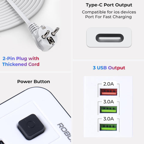 Robustt 6‑Outlet Extension Board with 3 USB & 1 Fast Charging Type-C Port | 1.7 m Cable | Wall Mountable Extension Board with On/Off Switch | 2500W Multi Plug Extension Cord for Home & Office
