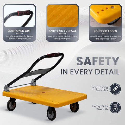 Yellow Foldable Platform Trolley with Cushioned grip, Rounded Edges