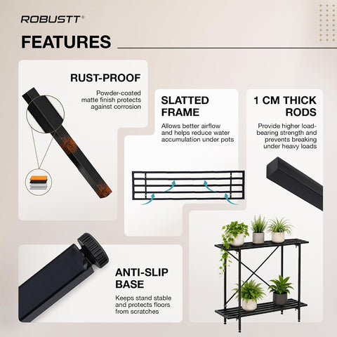2-Tier Metal Plant Stand | 35x10 Inch | 100kg Capacity | Heavy Duty Garden Stand for Pots with X-Shaped Support | Rustproof Coating, Adjustable Feet | Indoor & Outdoor Balcony Garden Display