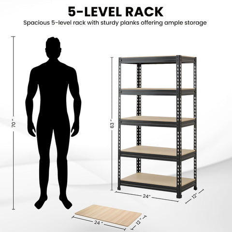 Robustt 5-Tier Multipurpose Storage Rack | Bolt-Free Assembly | Metal Stand with Thick MDF Board | 175kg Capacity Per Shelf | 63 x 24 x 12 in Adjustable Shelf Rack for Home, Garage & Shop
