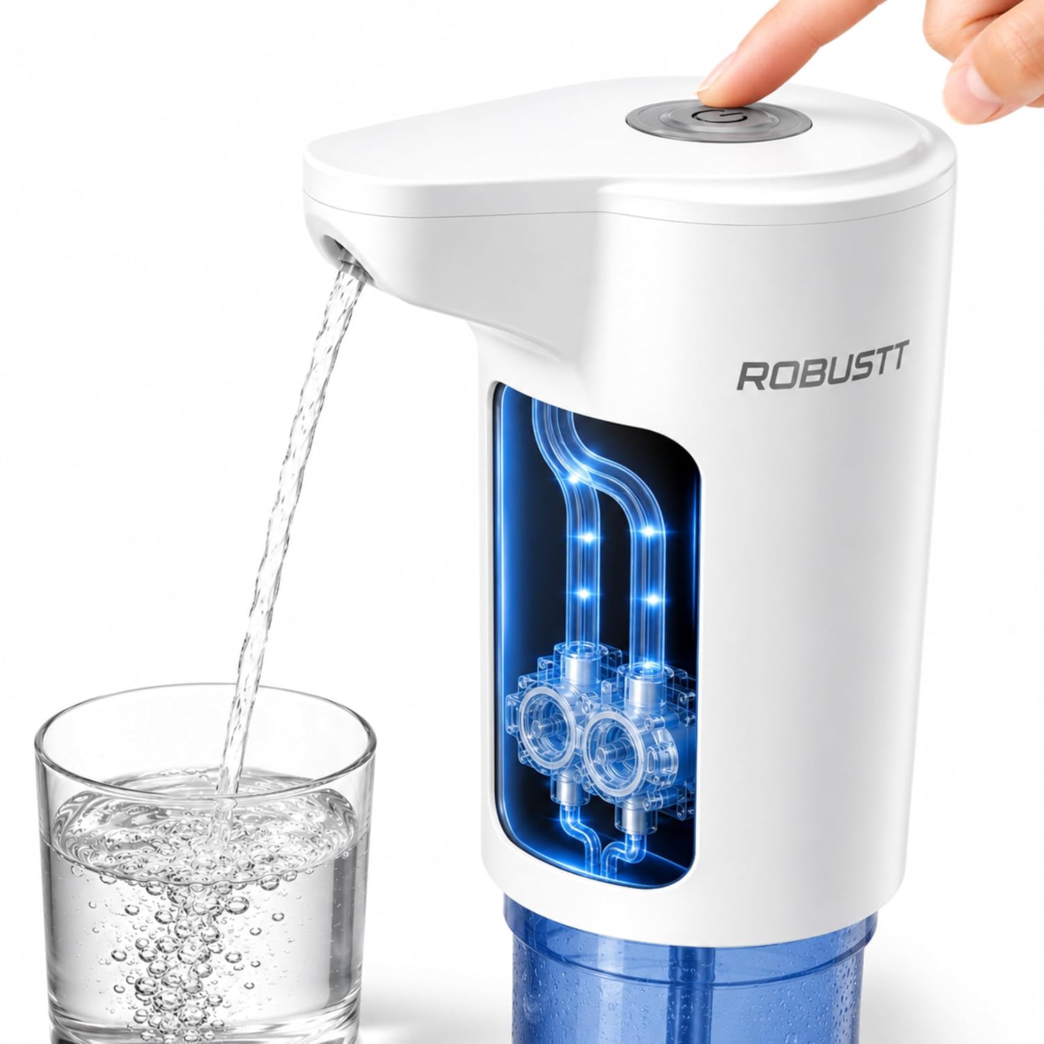ROBUSTT electric water dispenser with a blue transparent internal tube window, dispensing water into a glass. 