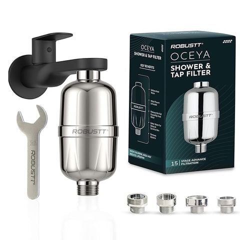 Robustt Oceya 15 Stage Hard Water Softener For Tap & Shower (Silver) | Reduces Hair Fall, Skin Dryness & Limescale | Water Purifier Filter For Tap, Shower & Handshower| Includes Kit & Manual