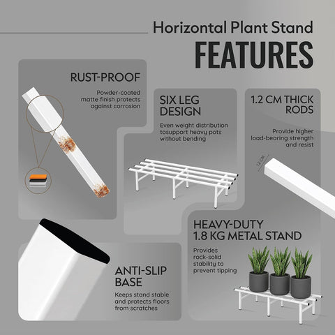 Horizontal Metal Pot Stand 76x24x18 Cm | Rust-Proof Matte Powder-Coated Pot Stand for Big Size Plants | Supports Up to 200 Kg| Ideal for Balcony, Outdoor and Indoor Plant
