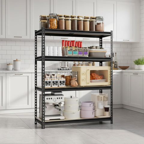 Robustt 4-Tier Multipurpose Storage Rack | Bolt-Free Assembly | Galvanized Metal | Thick MDF Board | 175kg Capacity Per Shelf | 54 x 24 x 12 Inches Adjustable Shelf Rack for Home, Garage & Shop | Black