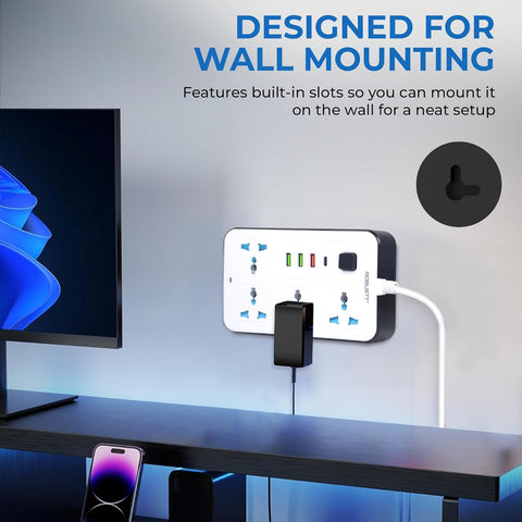 Robustt 4‑Outlet Extension Board with 3 USB & 1 Fast Charging Type-C Port | 1.7 m Cable | Wall Mountable Extension Board with On/Off Switch | 2500W Multi Plug Extension Cord for Home & Office