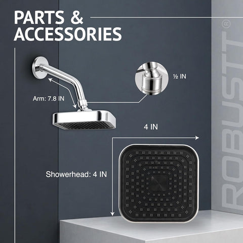 4 Inch Single Flow Overhead Shower Head for Bathroom With 7.8” Shower arm | 360° Rotatable Neck | Anti-Rust Chrome Finish ABS Body | Anti-Clog Easy Clean Silicone Nozzles bath shower