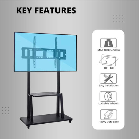 Robustt TV Stand with Wheels | Fits 50-98 Inches TV | Heavy Duty Material | Tilt & Height Adjustable Rolling TV Stand | Movable TV Stand | Flexible Shelf | Cable Management - Pack of 1