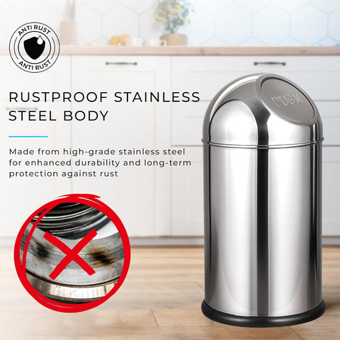 Robustt Stainless Steel Push Can Dustbin 30L | 11 (W) × 29.6 (H) In | Push Lid Trash Can for Bathroom, Kitchen, Bedroom & Office | Rustproof Steel Bin with Anti-Skid Base for Home & Commercial Use