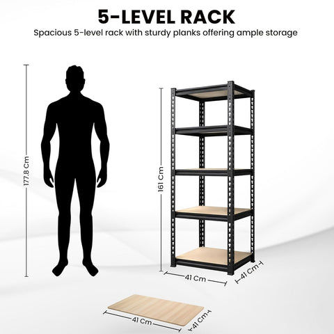5-Tier Multipurpose Storage Rack | Bolt-Free Assembly | Metal Stand With Thick MDF Board | 175kg Capacity Per Shelf | 63 x 16 x 16 IN Adjustable Shelf Rack for Home, Garage & Shop | Black