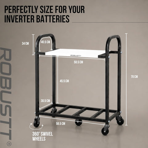 2-Tier Metal UPS Inverter Trolley for Home | Heavy-Duty Inverter Battery Stand | 100 kg Load Capacity | Powder-Coated Rust-Resistant Frame | 5 Metal 360° Swivel Wheels | Black