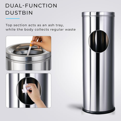 Stainless Steel Ash Tray Dustbin | Dual-Purpose Ash Can with Removable Ashtray & Anti-Skid Base | Corrosion-Resistant Trash Bin for Kitchen, Bathroom & Commercial Use