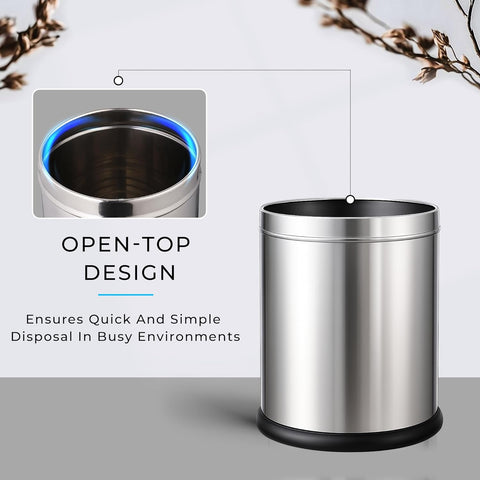 Stainless Steel Open Top Dustbin | Silver Trash Can with Anti-skid Base | For Bathroom, Bedroom, Kitchen & Toilet or Commericial Use