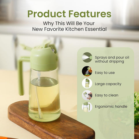 Orren Living 2-in-1 Oil Sprayer & Pourer Glass Bottle 500ML | Ergonomic Design, Leak-Proof Lid, Large Capacity, Ideal for Cooking, Grilling, and Salad Preparation for Home Kitchen