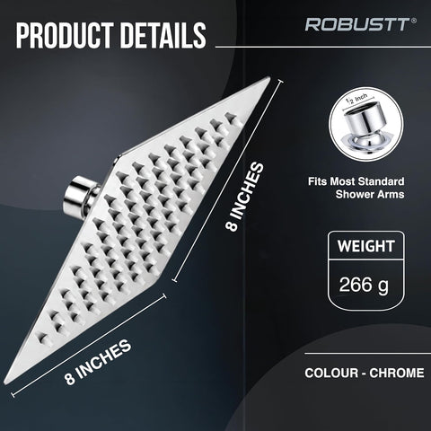 Shower Head for Bathroom Overhead | 8x8in Square Rainfall Bath Shower with 81 Anti-Clog Silicone Nozzles, 360° Swivel, High Pressure Flow & Chrome Finish | Easy Installation