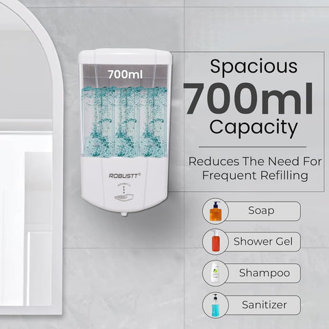 Automatic Wall Mounted Liquid Soap Dispenser 700 Ml | with Adhesive Hooks | Easy Installation for Bathroom & Kitchen - Durable ABS Material, Sleek Design