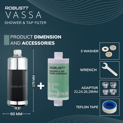 Robustt Vassa 15 Stage Tap Filter & Water Softener for Home | Reduces Hair Fall, Skin Dryness & Limescale| Hard Water Softener For Tap, Shower, Handshower| Includes Kit & Manual