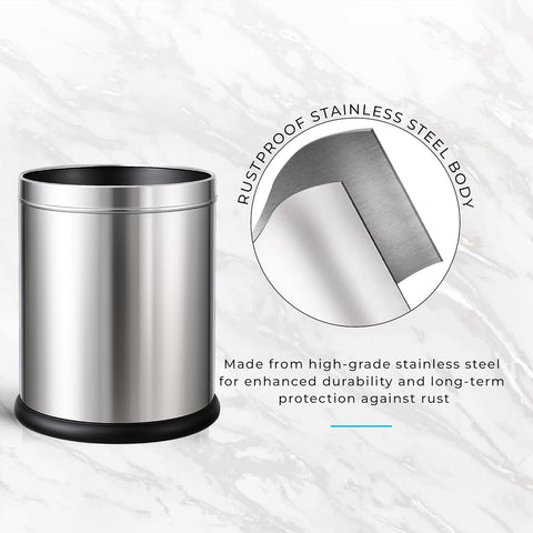 Stainless Steel Open Top Dustbin | Silver Trash Can with Anti-skid Base | For Bathroom, Bedroom, Kitchen & Toilet or Commericial Use