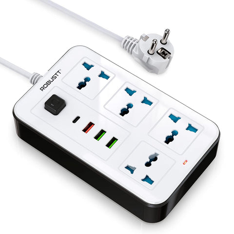 Robustt 4‑Outlet Extension Board with 3 USB & 1 Fast Charging Type-C Port | 1.7 m Cable | Wall Mountable Extension Board with On/Off Switch | 2500W Multi Plug Extension Cord for Home & Office