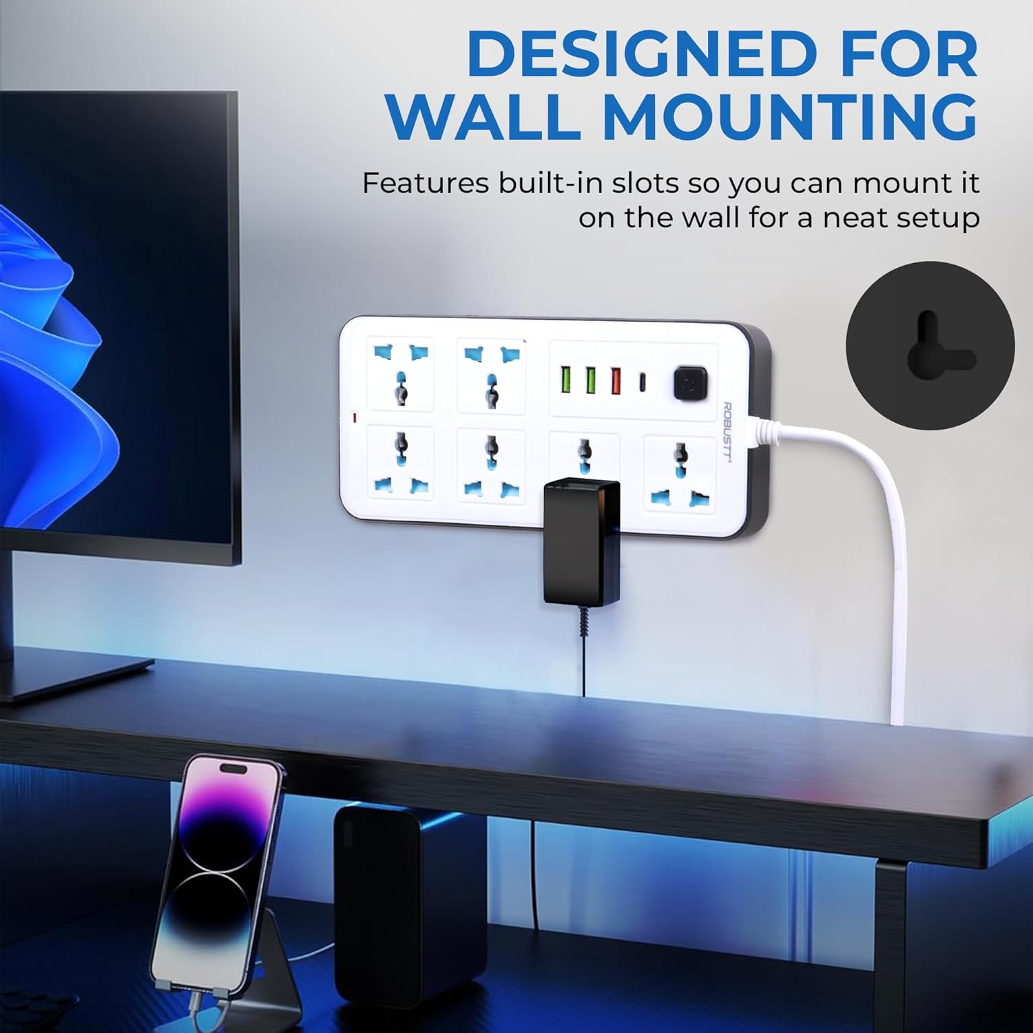 wall mounting 6‑Outlet Extension Board with 3 USB & 1 Fast Charging Type-C Port