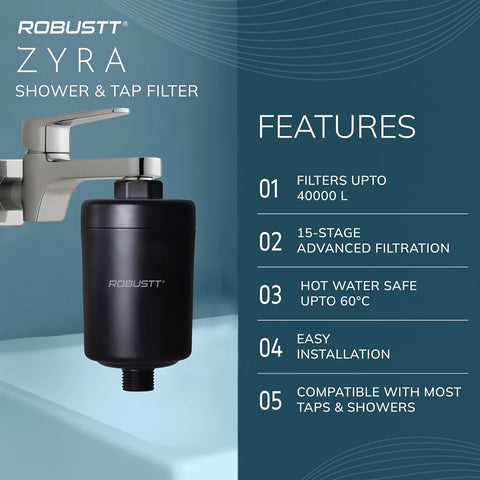 Zyra Tap Filter & Water Softener for Home (Black) | Reduces Hair Fall, Skin Dryness & Limescale| Hard Water Softener For Tap, Shower, Handshower|