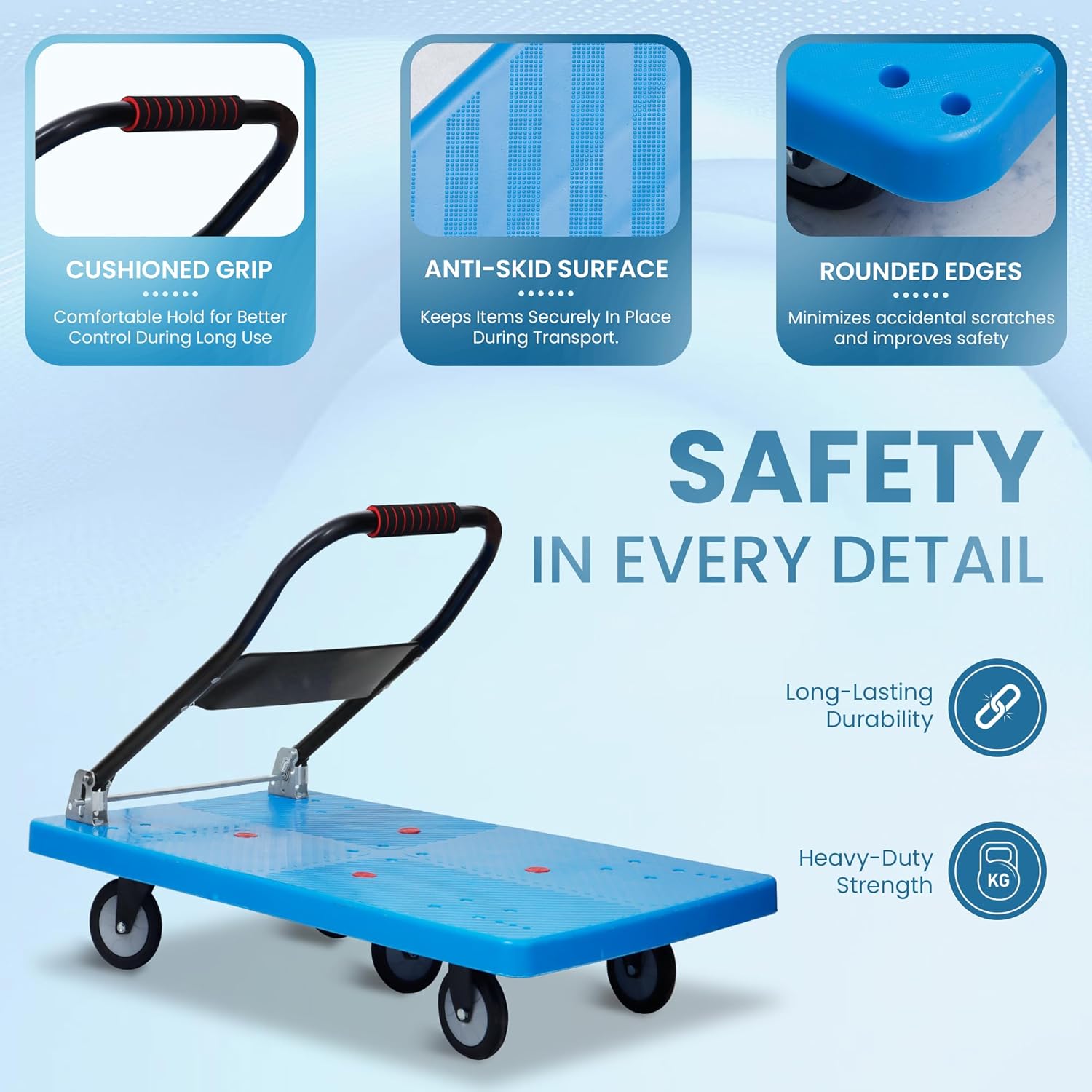 Heavy Duty Blue Trolley with cushioned grip, Rounded edges, long lasting durability