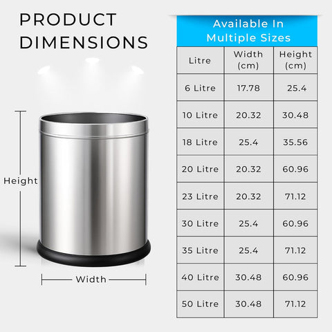 Stainless Steel Open Top Dustbin | Silver Trash Can with Anti-skid Base | For Bathroom, Bedroom, Kitchen & Toilet or Commericial Use