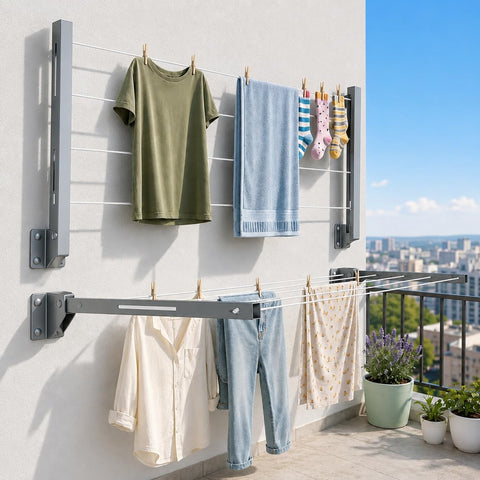 Wall Mounted Clothes Drying Stand | Heavy-Duty Foldable Powder Coated Metal Arms Cloth Dryer Rack | Space Saving Laundry Hanger for Balcony, Bathroom, Terrace