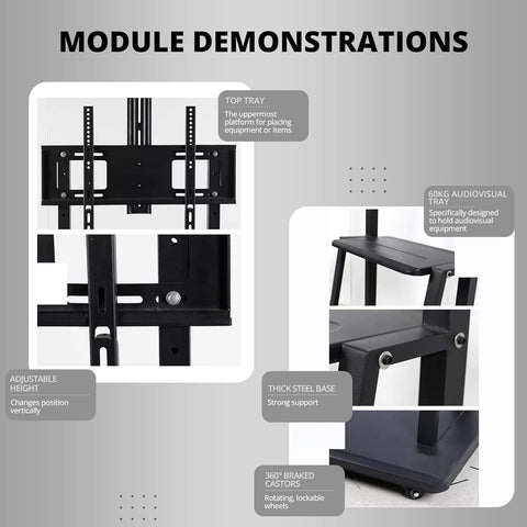 Robustt TV Stand with Wheels | Fits 50-98 Inches TV | Heavy Duty Material | Tilt & Height Adjustable Rolling TV Stand | Movable TV Stand | Flexible Shelf | Cable Management - Pack of 1