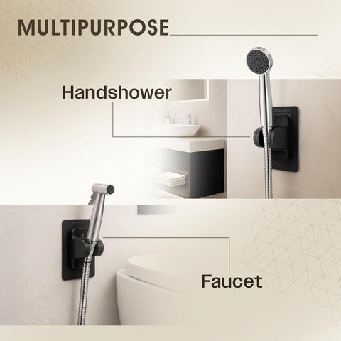 Self Adhesive Jet Spray & Hand Shower Holder For Bathroom (Black) | Chrome Finish ABS Faucet Holder With 45° Tilt | No Drill Easy To Install Wall Mount | Water Resistant & Durable