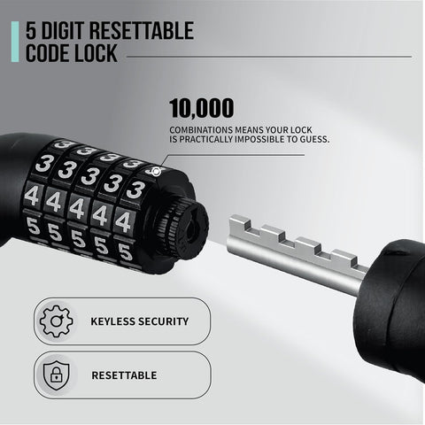 5 Digit Resettable Combination Lock with Mounting Bracket | 1.2m Long, 10mm Thick Cut-Resistant Braided Steel with PVC Coating | Keyless Number Lock for Cycle, Bike, Helmet & Gate
