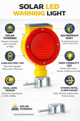 Solar Warning Light | Red LED Road Safety Blinker for Barricades, Traffic & Construction | Waterproof Solar Powered Flashing Lamp with Clamp Mount | High Visibility (Red/Yellow)